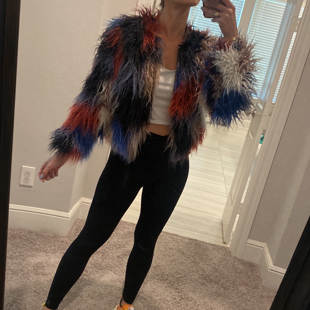 Astr Faux Fur Mini Jacket- Size S, (Nwt), Burgundy, Light Blue, Navy And Grey